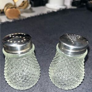 Vintage Pressed Diamond glass and chrome metal salt and pepper shaker set